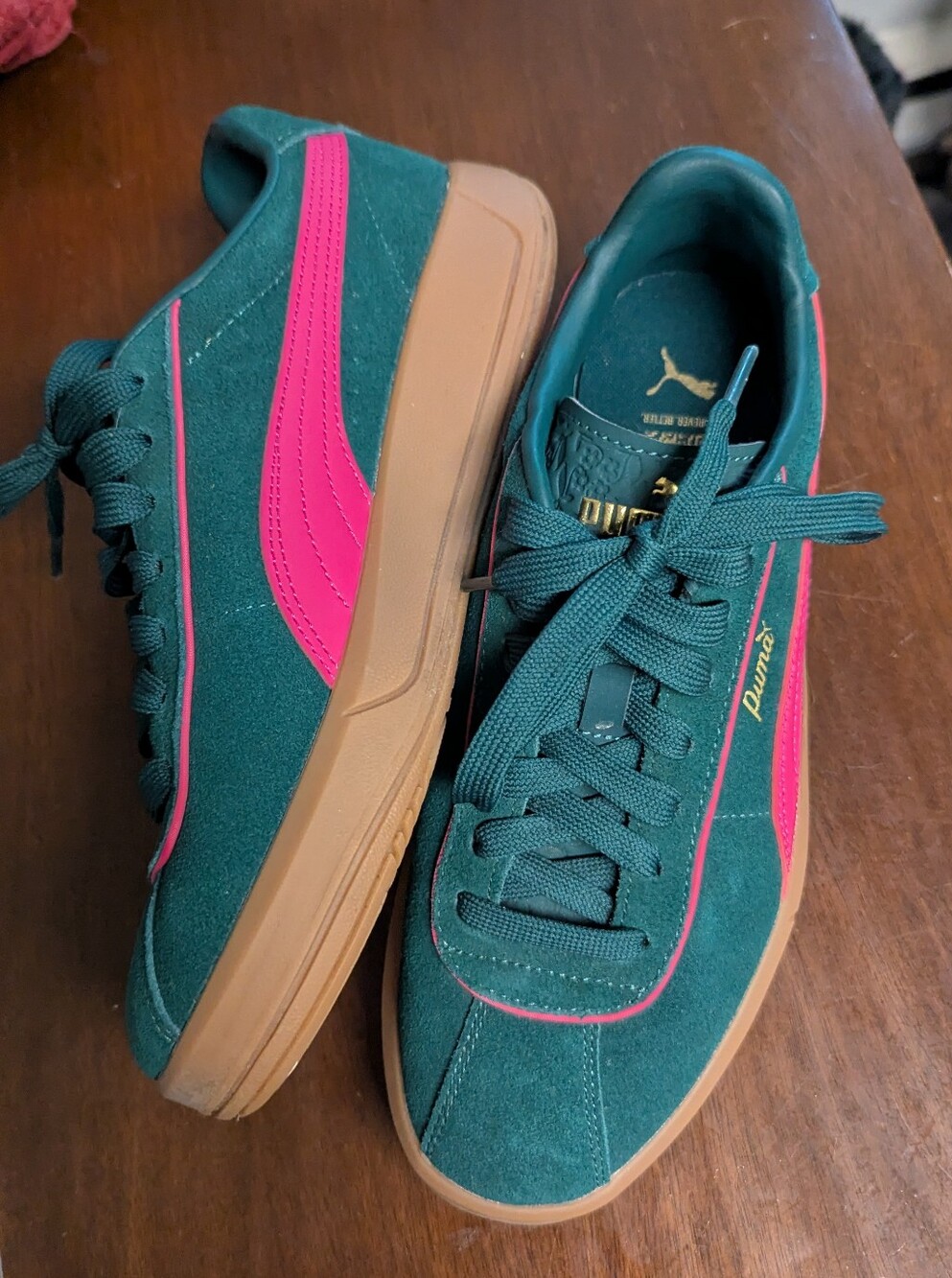 Puma Teal Suede Sneakers with Pink Stripe and Gum Sole